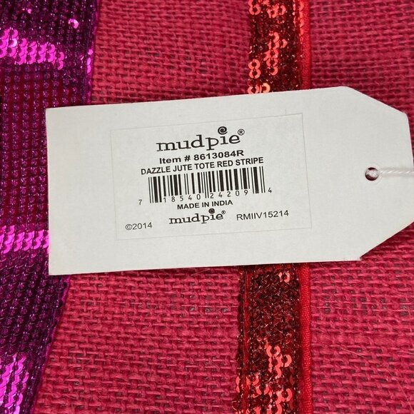 MUD PIE | Dazzle Jute Red Hot Pink Sequin Stripe Large Tote Bag - Picture 4 of 9